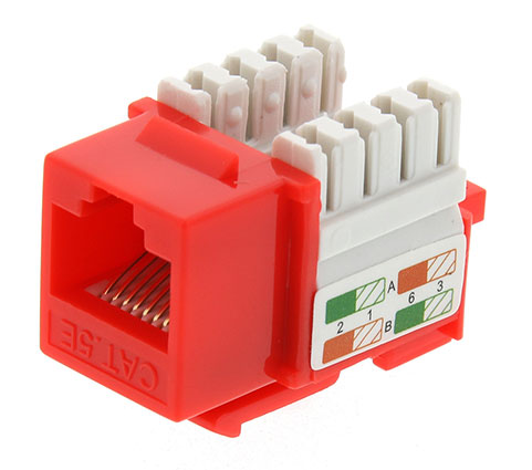 PLUG & JACK - DATACOM - KEYSTONE JACK<br><font size= 3><b> CAT 5e (Red) 90° Keystone Jack